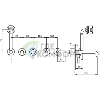 Встраиваемый смеситель для душа Fantini Icona Deco с ручным душем и выносным изливом, хром (53 02 R119B) - фото 2