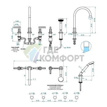 Смеситель для ванны THG Les Ondes с ручным душем, 5 отверстий, матовый никель (G8B-С01-1132SG) - фото 2