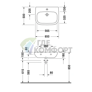 Медицинская раковина Duravit D-Code 650x500 мм без перелива, 1 отв., белый (23116500002) - фото 2