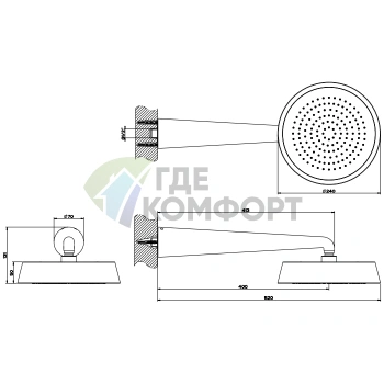 Верхний душ GESSI CONO 240 мм с настенным держателем 400 мм (Black Metal Brushed PVD) (45151#707) - фото 2