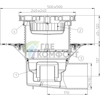 Трап HL615HLW с решеткой в подрамнике 226x226 мм-грязеуловителем-гидроизоляционным полотном и горизонтальным выпуском DN110 - фото 3