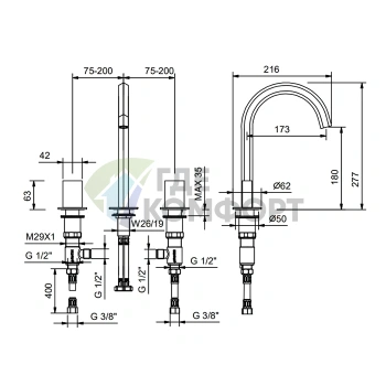 Смеситель для раковины Fantini Venezia золото: 3 отверстия, излив 175 мм (29 01 N404SW) - фото 2