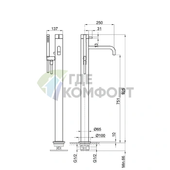 Напольный смеситель для ванны Fantini AF/21 с ручным душем, матовая натуральная сталь (27 93 A580B) - фото 2