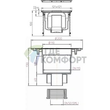 Трап HL310N-3000-SML с решеткой 115x115 мм и вертикальным выпуском DN50 манжетой для соединения с SML трубой - фото 3