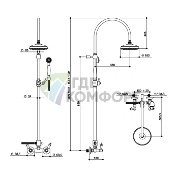 Душевая стойка Bongio Capri с верхним и ручным душем в золотом цвете (17537OR0D) - фото 2