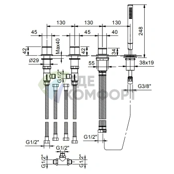 Смеситель Fantini Mint для ванны на борт с ручным душем, 4 отводами и без излива в хроме (34 02 F167) - фото 2