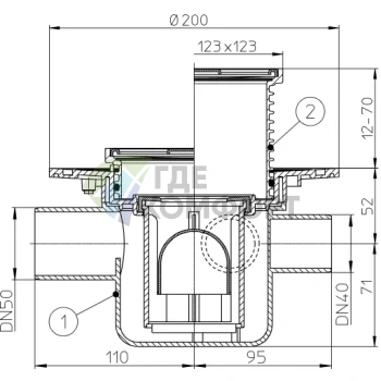 Трап HL304 с решеткой 115x115 мм-с обратным клапаном-с горизонтальными тремя входами DN50 и горизонтальным выходом DN50/45 - фото 3