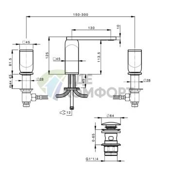 Смеситель для раковины CISAL HI-RISE двухвентильный на 3 отверстия с донным клапаном Click-Clack в отделке мрамор NeroMarquinia/Oro24K (RM0010608B) - фото 2