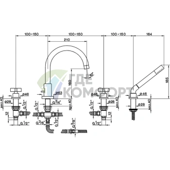 Смеситель для ванны CISAL Barcelona на 4 отверстия с изливом 210 мм, хром (BA00026021) - фото 2