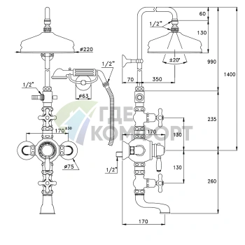 Stella Roma Душевой комплект IS3274/33-220: термостатический смеситель для ванны с верхним и ручным душем, хром (RM 06150 CR00) - фото 2