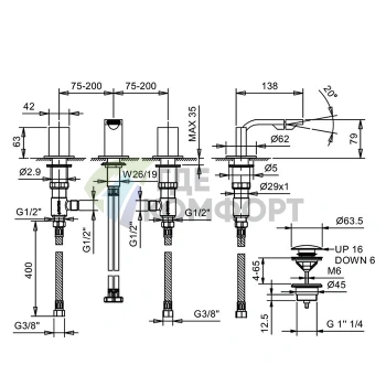 Смеситель для биде Fantini Venezia In с донным клапаном, 3 отв., цвет Matt British Gold PVD (29 P6 N509S) - фото 2