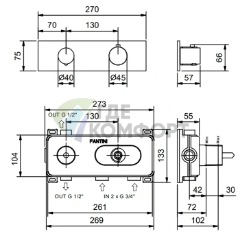 Термостатический встраиваемый смеситель для душа Fantini Nostromo на 2 потока с поворотной ручкой, цвет Matt Copper PVD (87 P9 G572B) - фото 2