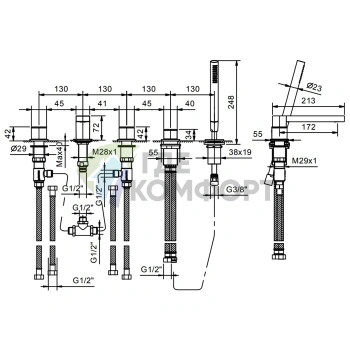 Смеситель Fantini Mint для борта ванны с ручным душем, 5 отверстий, нержавеющая сталь (34 93 F165) - фото 2