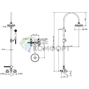 Смеситель для ванны Bongio Fleur Blanc с душем: золото и белый фарфор (11536OR0D) - фото 2