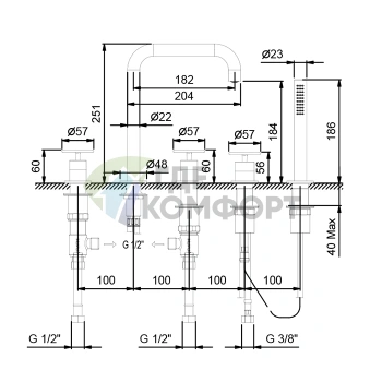 Смеситель для ванны Fantini Fontane Bianche с ручным душем, 5 отверстий, цвет Gun Metal (47 P5 P065) - фото 2