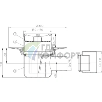 Трап HL72.1 с решеткой 147x147 мм-с сеткой для улавливания мусора-с горизонтальным выпуском DN75 - фото 3