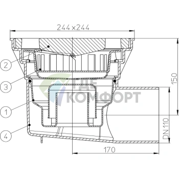 Трап HL605W с решеткой 226x226 мм-с грязеуловителем и горизонтальным выпуском DN110 - фото 3