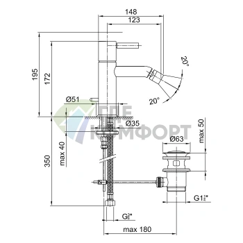 Смеситель для биде Fantini Nostromo с донным клапаном, 1 отверстие, хром (50 02 E808F) - фото 2