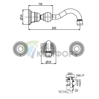 Смеситель для раковины FIMA Carlo Frattini Elizabeth настенный, 3 отверстия, излив 200 мм, донный клапан click-clack, цвет бронза (F5081L/5BR) - фото 2