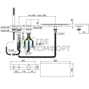 Смеситель для ванны Fantini Milano с ручным душем (4 отверстия, матовый хром) (31 93 3065) - фото 2