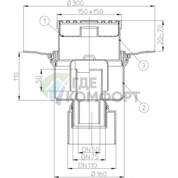Трап HL317 с решеткой 147x147 мм и вертикальным выпуском DN160/110/75/50 - фото 3