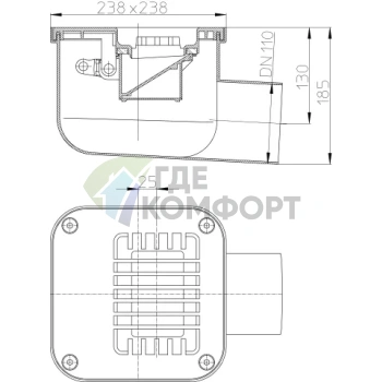 Трап HL681 с решёткой 230x230 мм-с обратным клапаном-незамерзающим запахозапирающим устройством и горизонтальным выпуском - фото 3