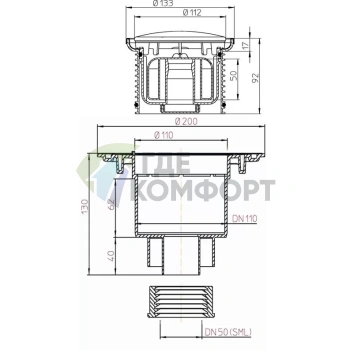 Трап HL3100NPrR-SML с круглой решеткой 112x112 мм-с сифоном Primus и вертикальным выпуском DN50 манжетой для соединения с SML трубой - фото 3
