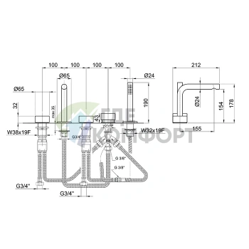 Смеситель Fantini AF/21 для борта ванны с ручным душем, 5 отверстий, матовая натуральная сталь (27 93 A265) - фото 2