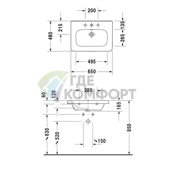 Раковина Duravit DuraStyle для мебели с переливом и 3 отверстиями под смеситель, 650x480 мм, белый (2320650030) - фото 2