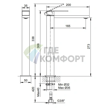 Смеситель для раковины Fantini Mint: однорычажный, без донного клапана, нержавеющая сталь (34 93 F006WF) - фото 2