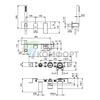 Смеситель для душа Fantini Mint встраиваемый с ручным душем (2 выхода, черный матовый) (34 13 F784B) - фото 2