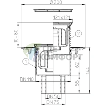 Трап HL310NPr-3000 с решеткой 115x115 мм-с сифоном Primus и вертикальным выпуском DN110/75/50 - фото 3