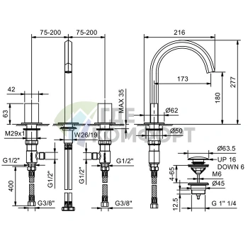 Смеситель Fantini Venezia для раковины с нажимным донным клапаном, матовый графит (29 P5 N404S) - фото 2