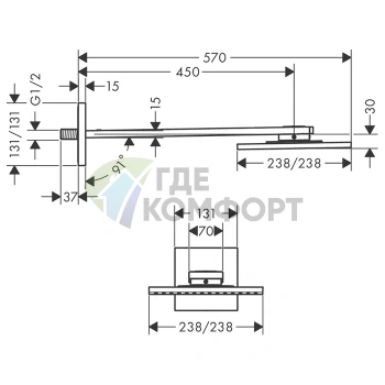 Верхний душ AX ShowerSolution 250x250 мм, 1 струя, с держателем 450 мм (хром) (35306000) - фото 2