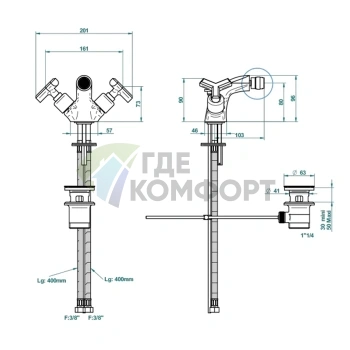 Смеситель для биде THG LES ONDES двухвентильный с донным клапаном, матовый никель (G8A-C01-3202) - фото 2