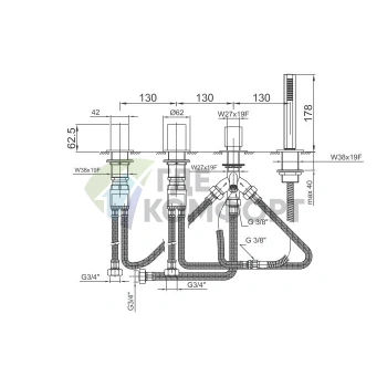 Смеситель Fantini Venezia для ванны золотой, на 2 источника, с ручным душем (29 01 N467S) - фото 2