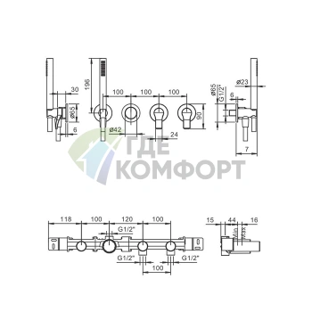 Встраиваемый смеситель для ванны Fantini AL/23 на 2 источника без излива, хром (26 02 B717B) - фото 2