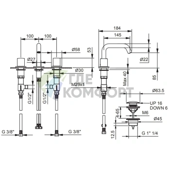 Смеситель для раковины Fantini Lame с нажимным донным клапаном, 3 отверстия, хром (24 02 M304) - фото 2