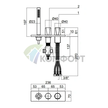 Смеситель ANTONIO LUPI INDIGO для борта ванны на 3 отверстия без излива с ручным душем, цвет графит (ND702GR) - фото 2
