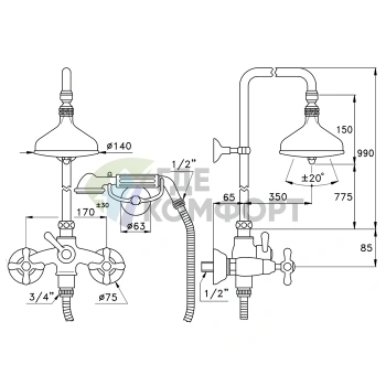 Душевой комплект Stella Roma 3284/301/314A-140: смеситель, штанга и душ 140 мм в хроме (RM 02511 CR00) - фото 2