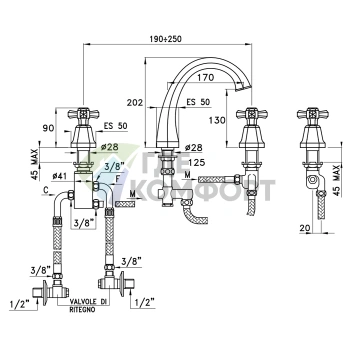 Золотой смеситель Stella Eccelsa для раковины на 3 отверстия 3223TC (EC 00022 AU00) - фото 2