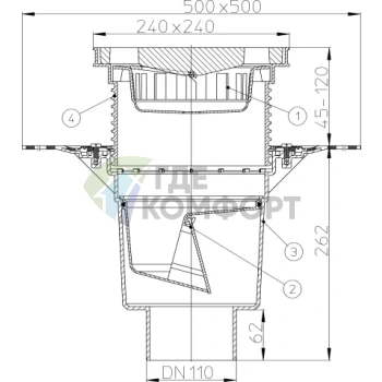 Трап HL616H с решеткой 226x226 мм-с полимербитумным полотном-с незамерзающим запахозапирающим устройством-рязеуловителем и вертикальным выпуском DN110 - фото 3