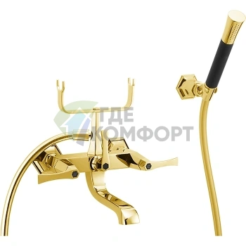 Смеситель двухвентильный настенный CISAL Cherie для ванны-душа с лейкой, держателем и шлангом в цвете золото/черный матовый (CF0001207C) - фото 1