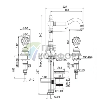 Смеситель для раковины FIMA|Carlo Frattini Elizabeth Chic золото: 3 отверстия, вращающийся излив, донный клапан (F5081COR) - фото 2