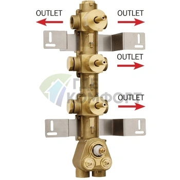 Термостатический смесительный узел Bossini с дивертором (2 выхода) и 2 запорными клапанами, высокая пропускная способность, вертикальный/горизонтальный монтаж (Z030271000)