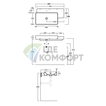 Раковина SIMAS Flow подвесная 88 5х50см с правой полкой dx c 1 отв цвет белый