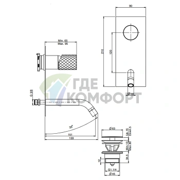 Смеситель для раковины FIMA Carlo Frattini Spillo Tech: настенный, ручка X, донный клапан click-clack (F3051VX5XCR) - фото 2