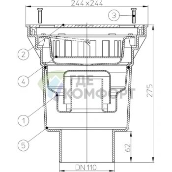 Трап HL606SW с решеткой в подрамнике 226x226 мм-грязеуловителем и вертикальным выпуском DN110 - фото 3