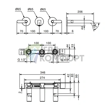 Встраиваемый смеситель для раковины Fantini Icona Deco, 3 отверстия, черный матовый (53 13 R113B) - фото 2