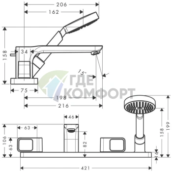 Смеситель для ванны AX Urquiola на 4 отверстия с ручным душем (хром) (11445000) - фото 2